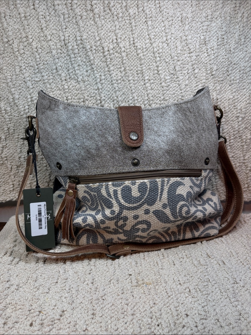 Myra Flourish Bag Gray & Brown Patterned Crossbody Shoulder Bag